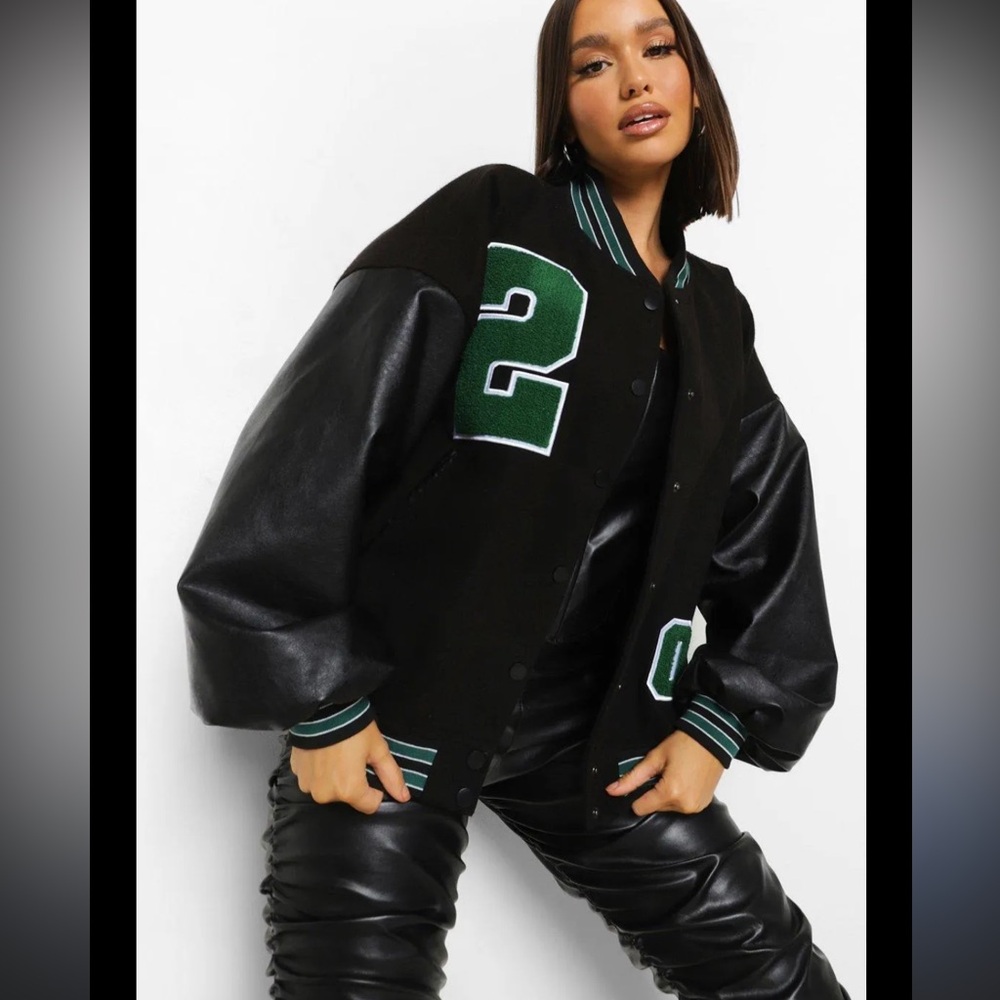 Boohoo black and green oversized varsity bomber jacket Size 6
